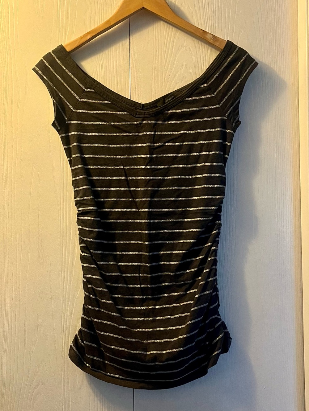 Express Gray and Silver Striped Off-Shoulder Top